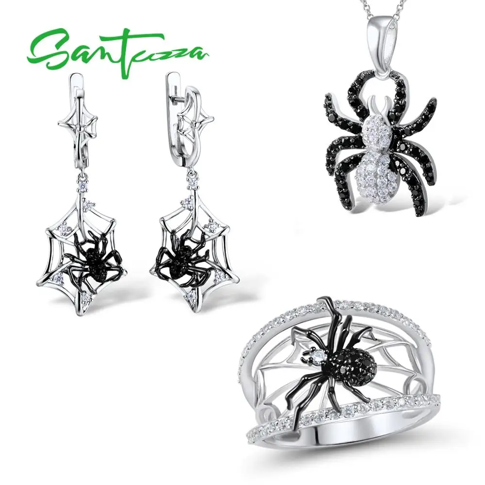 Prezzo SANTUZZA Set di Gioielli In Argento Per Le Donne Black Spider Anello Orecchini di Pendente Set Puro 925 Sterling Silver бижутери Gioelleria raffinata e alla moda