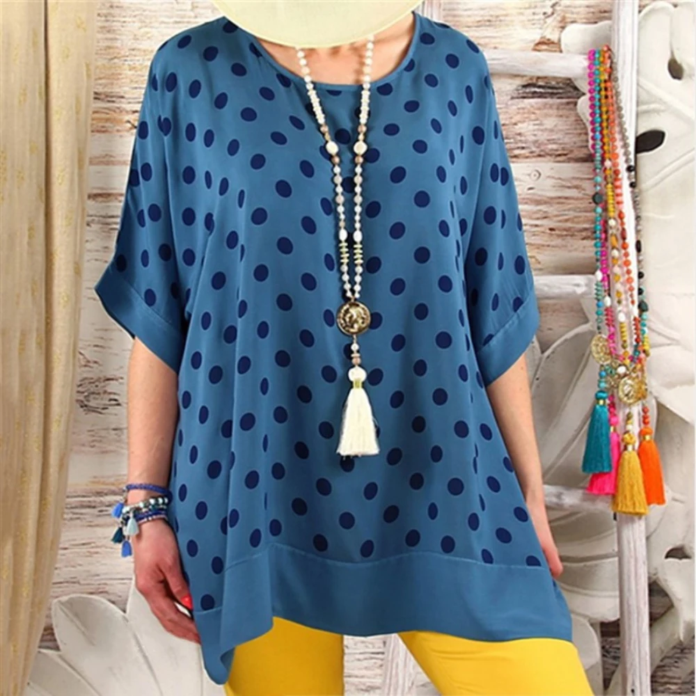 Plus Size Women O-neck Short Sleeve Polka Dot Asymmetric Blouse Casual Loose Tunic Tops S-5XL | Женская одежда