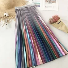 Gradient Skirt Pleated Long Skirt Woman Elegant High Waist A-Line Pleated School Midi Skirt Metallic Rainbow Female Autumn 0121