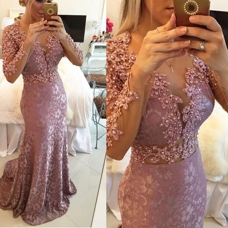 

2016 New Arrival Sexy Mermaid Long Sleeve Evening Dress With Pearls Lace Appliques Formal Dresses Vestidos De Fiesta IZ543
