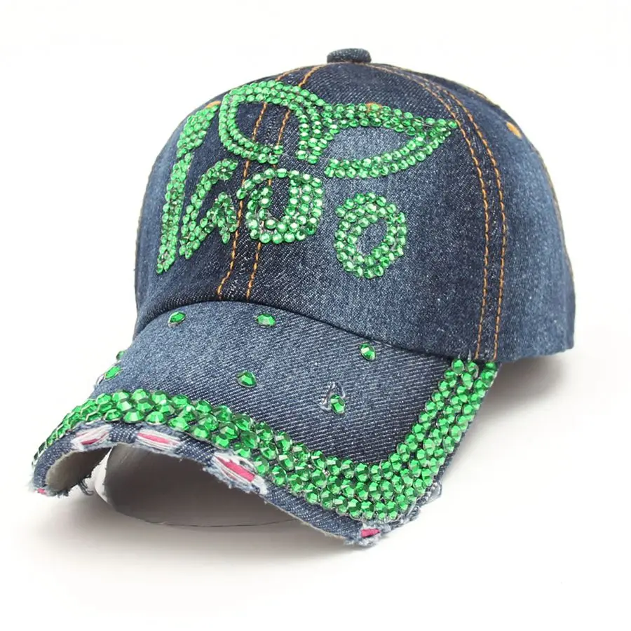 2016 New Brand Women Adjustable Cat Ears Green Rhinestone Diamante Skull Denim Sun Baseball Hat