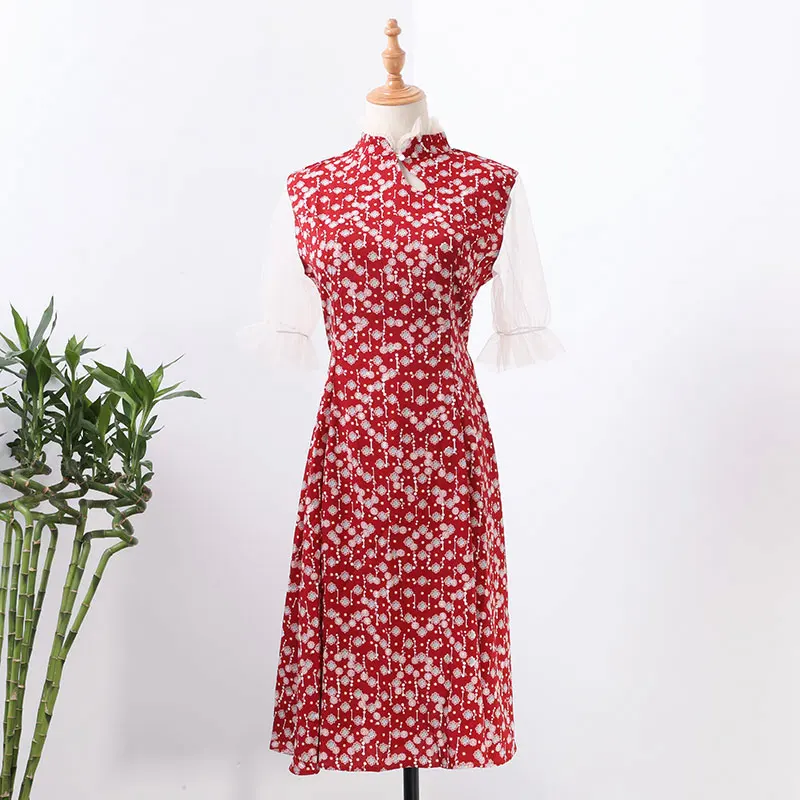 Trytree Summer Women Dress Casual Elegant Mandarin Collar Lantern Sleeve Ruffles Print Dresses Mid-Calf A-line Cheongsam Dress