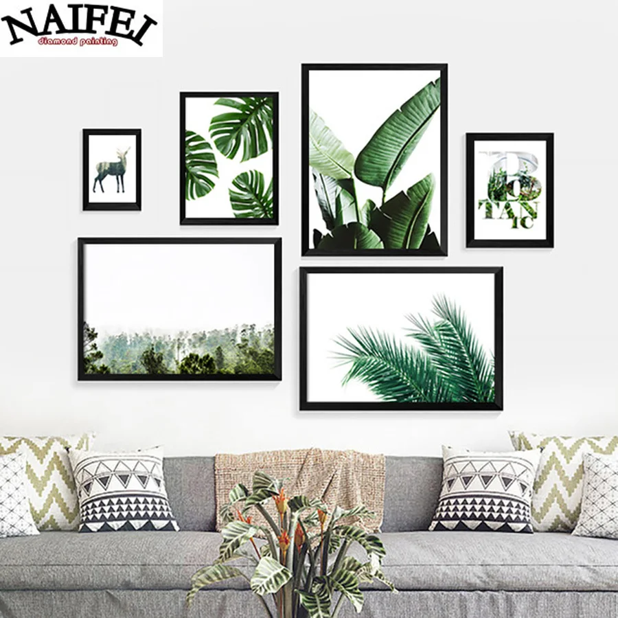 

Full square Diamond Painting Cross Stitch Green decor,tropical art, palm leaf,deer,5D Diamond Embroidery Mosaic Modern decor