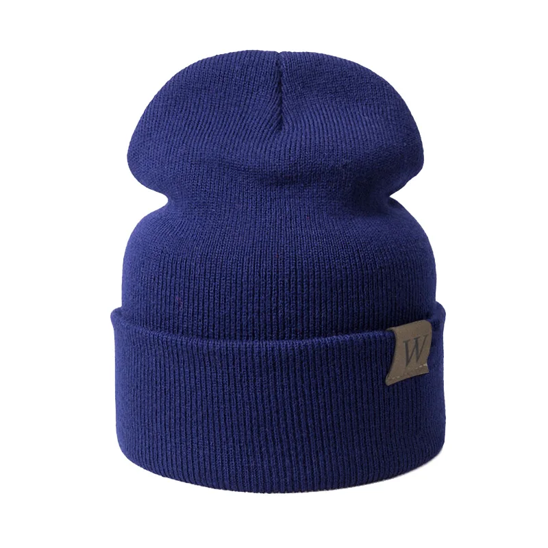 Популярные зимние теплые мужские женские шапки, однотонные вязаные шапки, шапки-унисекс, шапочки, однотонные, Осенние, с буквенным принтом, Прямая поставка - Цвет: Blue
