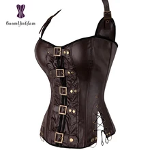 Черный/коричневый Утягивающее боди Корректирующее белье Женская панк-рок искусственная кожа Пряжка Холтер корсет с Бюстье баской с стрингами 901