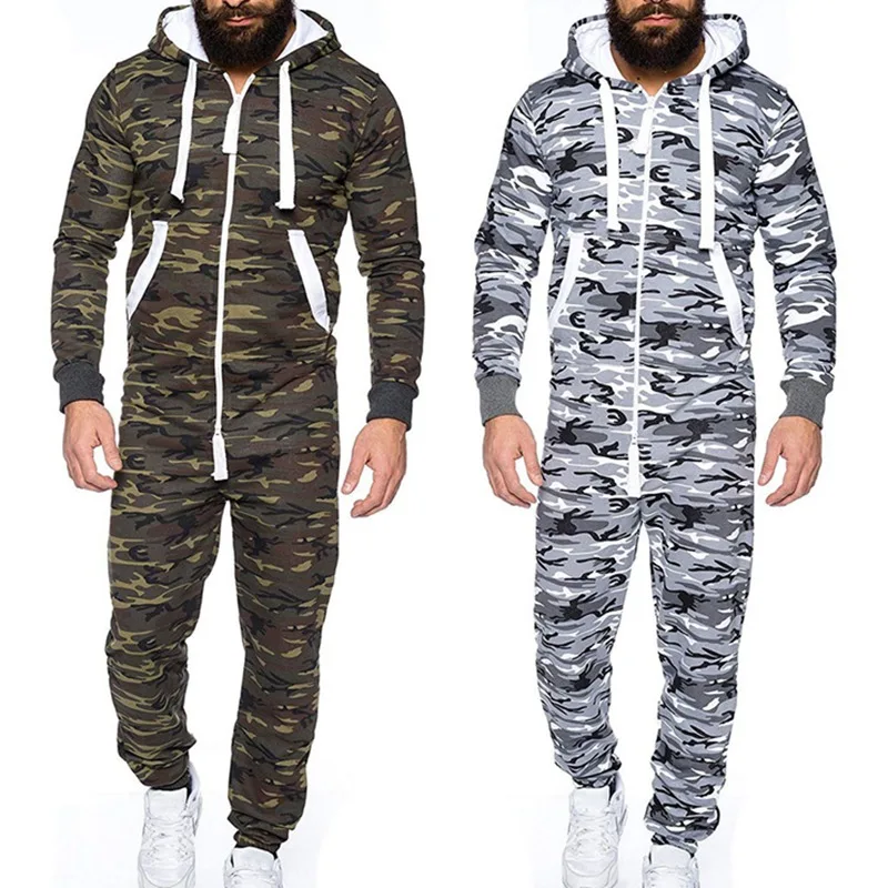 

MJARTORIA 2019 Men One-piece Garment Pajama Playsuit Zipper Hoodie Male Onesie Camouflage Print Jumpsuit Streetwear Overalls