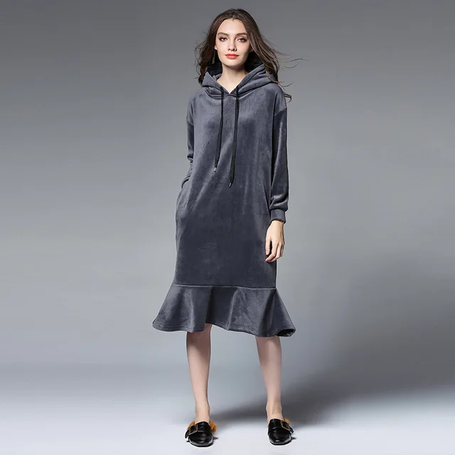 Thermal Warm Winter Dress Fleeced Women Hooded Long Velour Dresses Plus