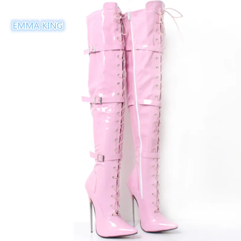 

Pink Patent Leather Women Thigh High Boots Lace Up Buckle Strap Knight Boots Pointed Toe Stiletto High Heels Winter Shoes Women