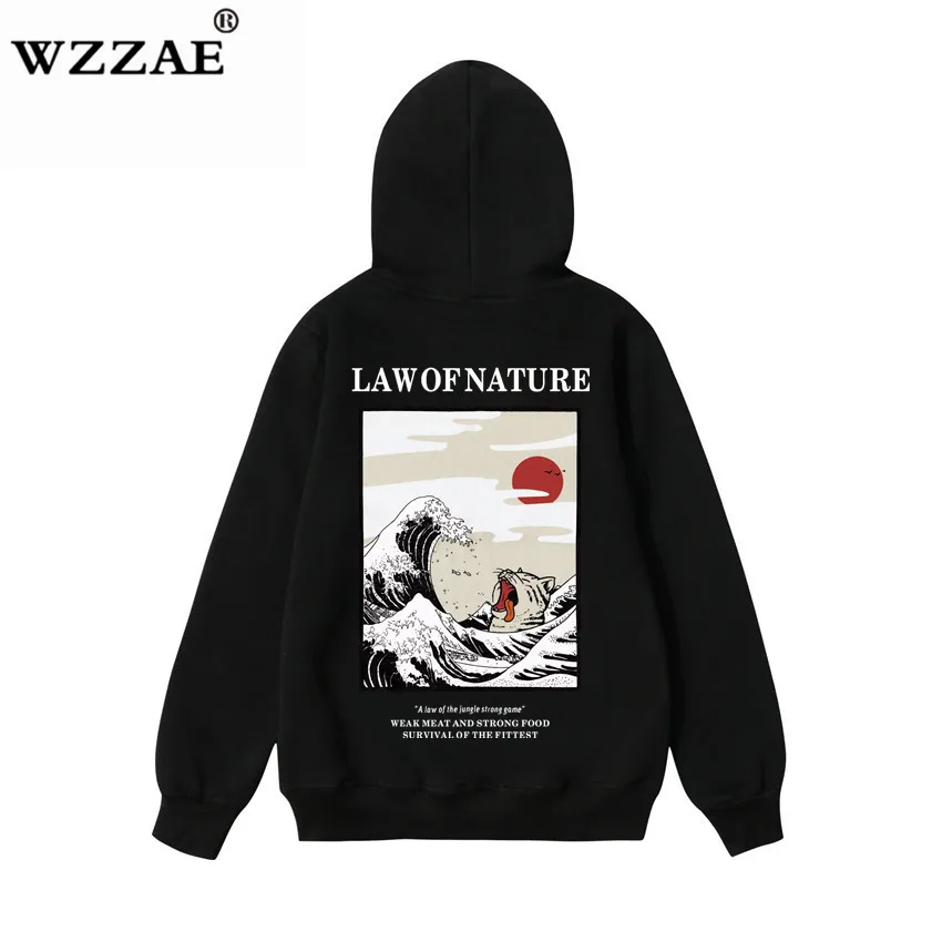 Najtaniej WZZAE japoński haft zabawny kot fala polar z nadrukami bluzy 2018 zima japonia styl Hip Hop bluzy w stylu casual Streetwear