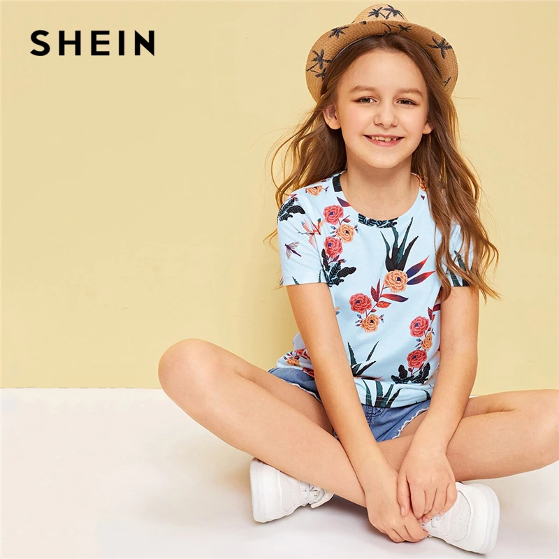 SHEIN для малышей для маленьких девочек, с цветами принт Праздничная футболка детские топы летние каникулы короткий рукав Бохо пляжное Повседневное Тройник