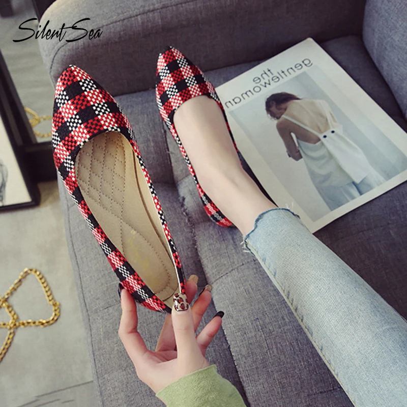 

Silentsea Spring Autumn Women Flats Shoes Pointed Toe Ballet Flats Woman Shoes Gingham Boat Shoes Zapatos Mujer Single Shoes