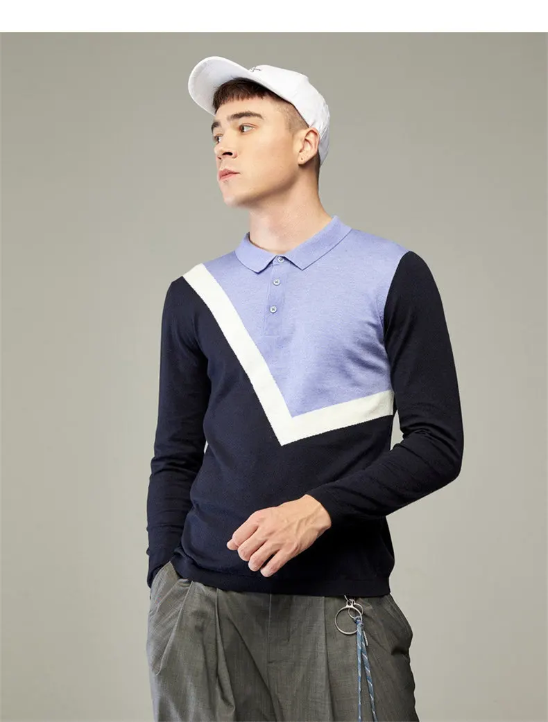 2019 New Golf Polo Men Long Sleeve Patchwork Pattern High Quality Cotton Knit Polo Sweater Male Luxury Smart Casual Plus Size 03