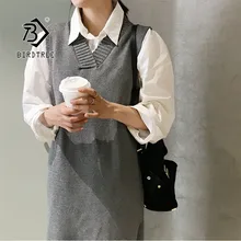 Осень, новинка, Женский Длинный жилет, платье-свитер, трикотажное, v-образный вырез, без рукавов, однотонный, корейский, Повседневный, модный стиль, топы, D97612D