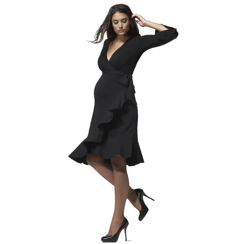 

High Waist V-Neck Fancy Maternity Dresses Summer Elegant Ruffles Dancing Vestidos de Gravida Pregnancy Office Studio Clothing