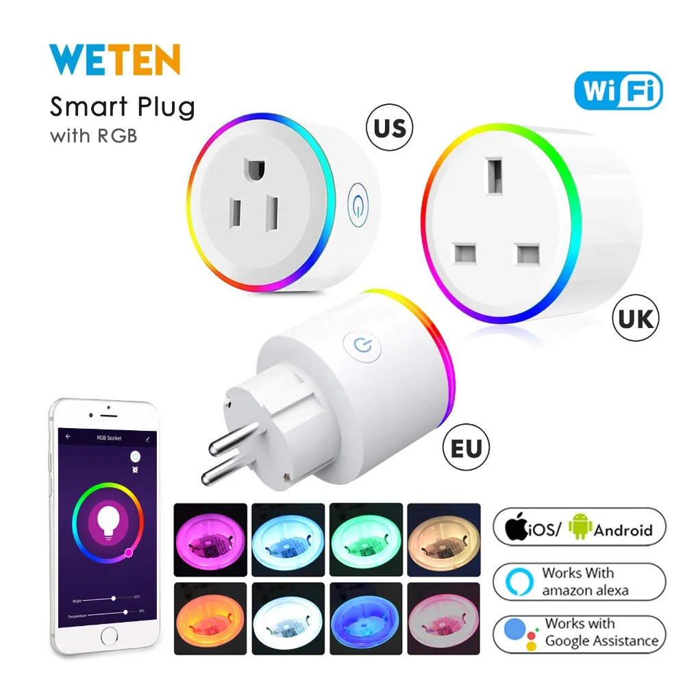 

Smart Power Socket Plug Wifi Outlet Switch EU UK US RGB Light Power Monitor 16A Phone App Voice Control with Alexa Google Home