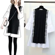 Большой размер, весеннее новое платье для полных сестер, черное платье-жилет+ белое платье, костюм из двух предметов, было тонкое покрытое платье для живота