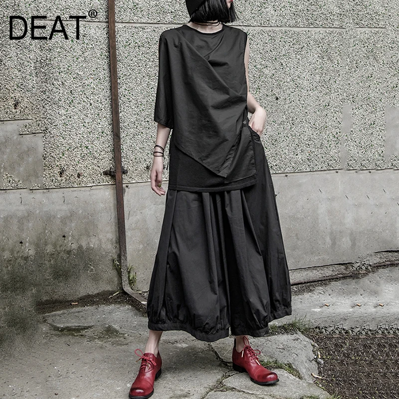 

[DEAT] 2019 New Spring Summer High Elastic Waist Black Pleated Split Joint Wide Leg Loose Pants Women Trousers Fashion JX10