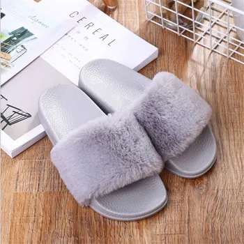 

Slippers Womens Zapatos Mujer Ladies Slip On Sliders Fluffy Faux Fur Flat New Fashion Female Casual Slipper Flip Flop Sandal