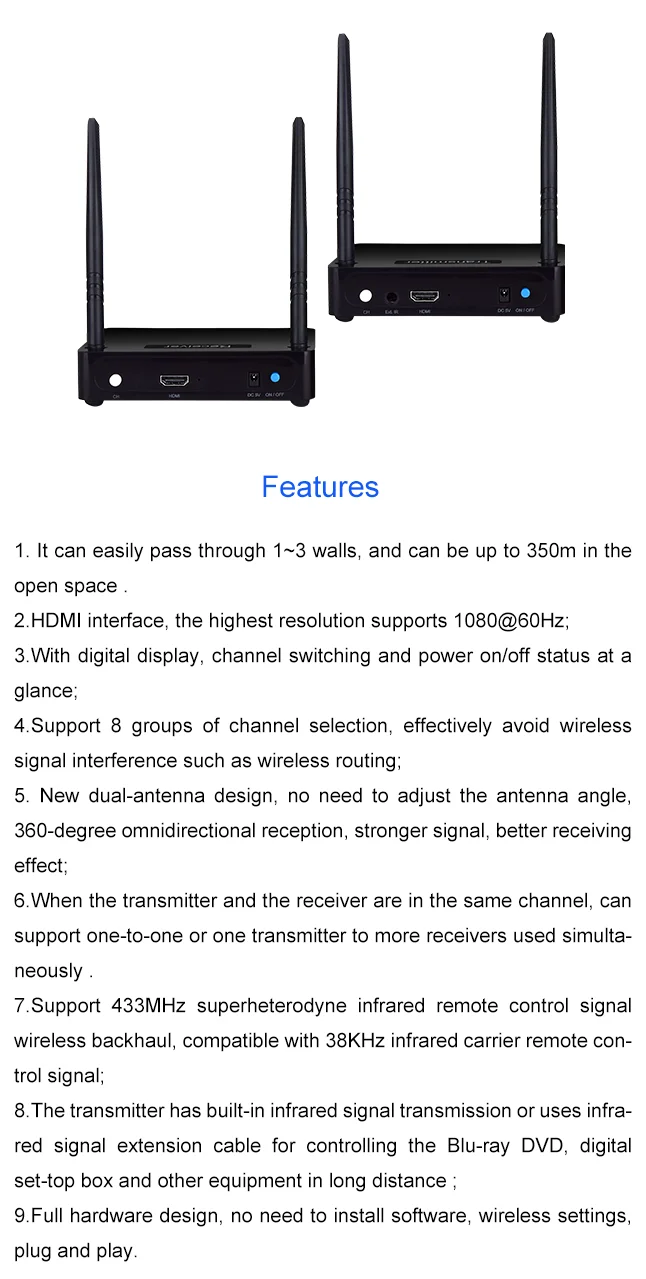 Measy HD585 350 м 5,8 ГГц 8 канальный ТВ беспроводной SD Аудио Видео приемник передатчик, передатчик hdmi