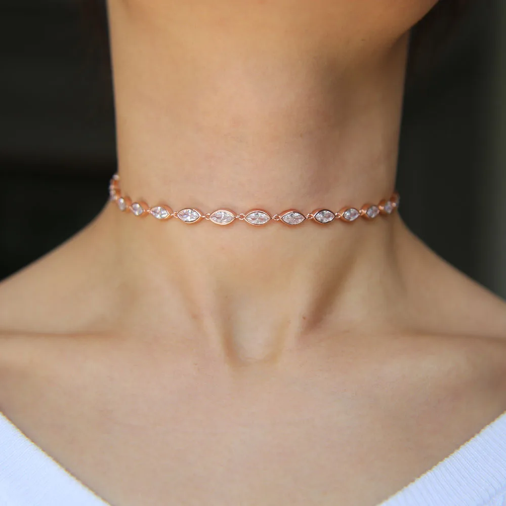 

fashion rose gold color jewelry bezel marquise cz link chain choker 2018 wedding gift cz 33+7cm short chocker necklace