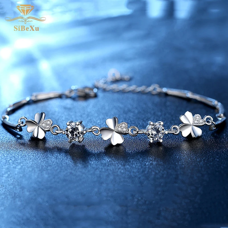

Women 925 Sterling Silver Bracelet Lucky Four Leaf Clover Charm Crystal Zircon Hand Link Chain Bracelet Original Jewelry