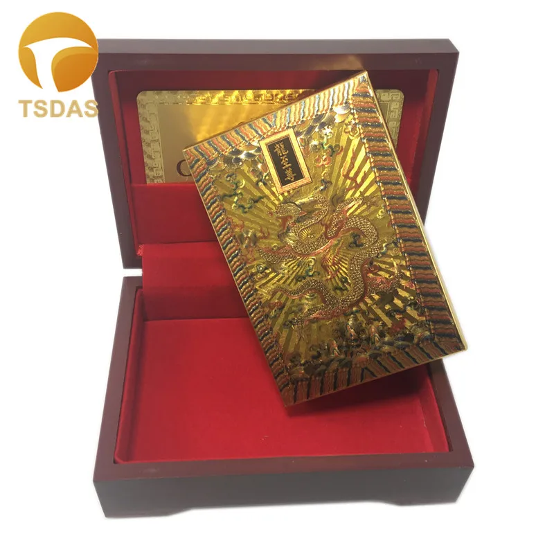 

24K Gold Foil Playing Plastic Cards With Dragon Design, Golden Plated Poker Game Plastic Playing Cards With Red Wooden Box