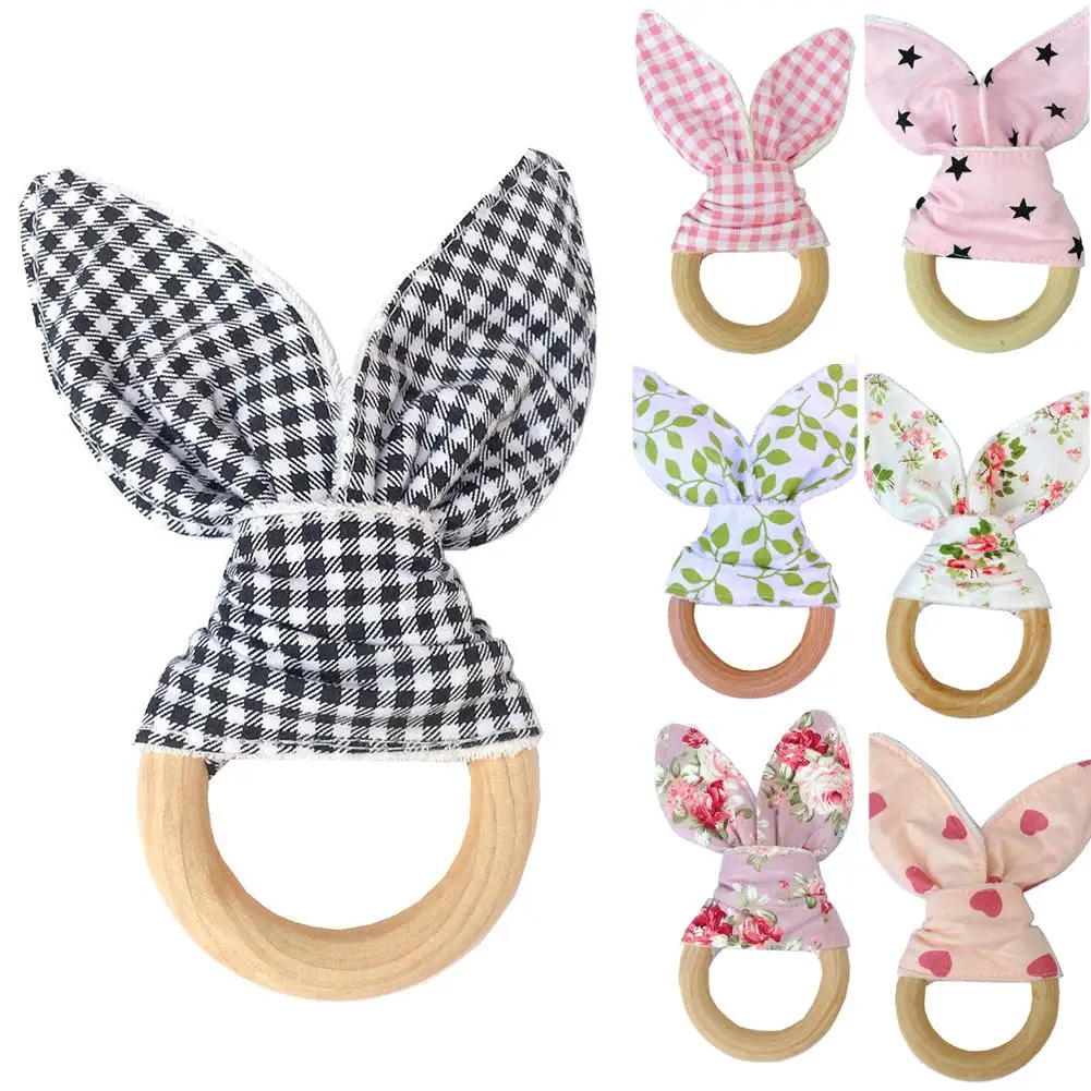 

Wooden Newborn Baby Bunny Ear Teething Floral Ring Safety Chew Teether Gift