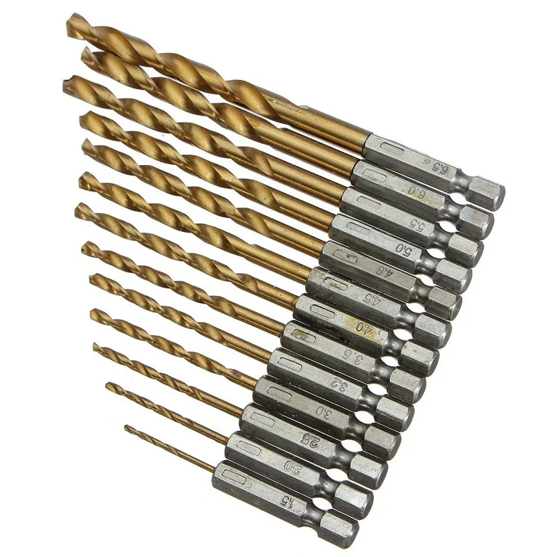 High Quality 13pcs Titanium Coated High-Speed Steel HSS Hexagonal Shank Drill 1.5-6.5mm Drill Bit Set Twist Drill Bit Sets Tools