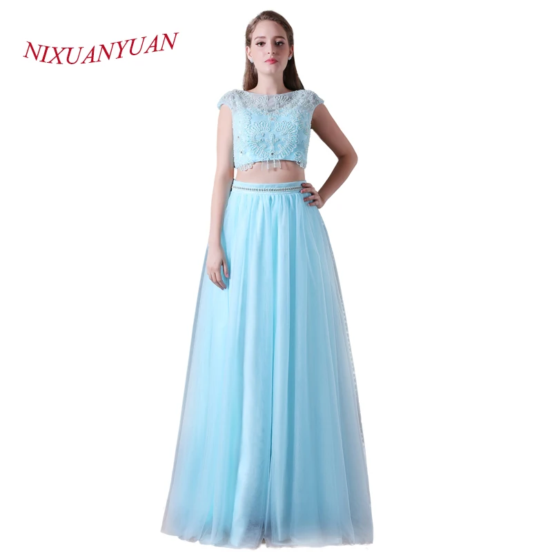 

NIXUANYUAN New Custom Made Beading Prom Dress 2017 A Line Tulle Party Dress O Neck Cap Sleeve Two Pieces Sexy vestidos de baile