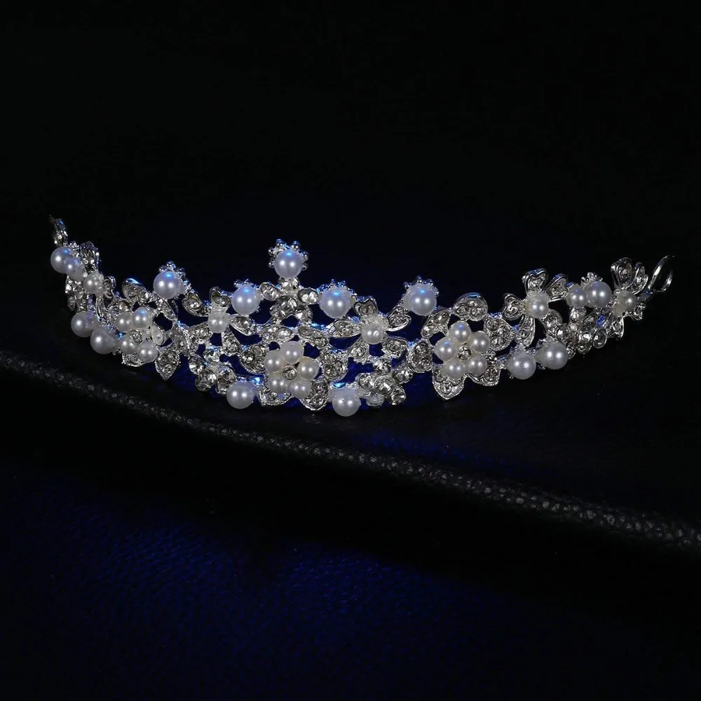 Frcolor Wedding Pearl Crown Tiara Flower Rhinestone Crystal Neckalce and Earrings Bridal Jewelry Sets (4)