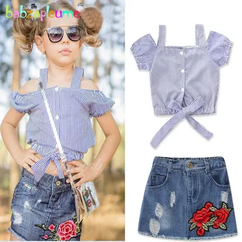 

2Piece Baby Summer Outfits Toddler Girls Clothes Children Fashion Cotton Stripe T-shirt+Denim Skirt Kids Clothing Sets BC1589-1