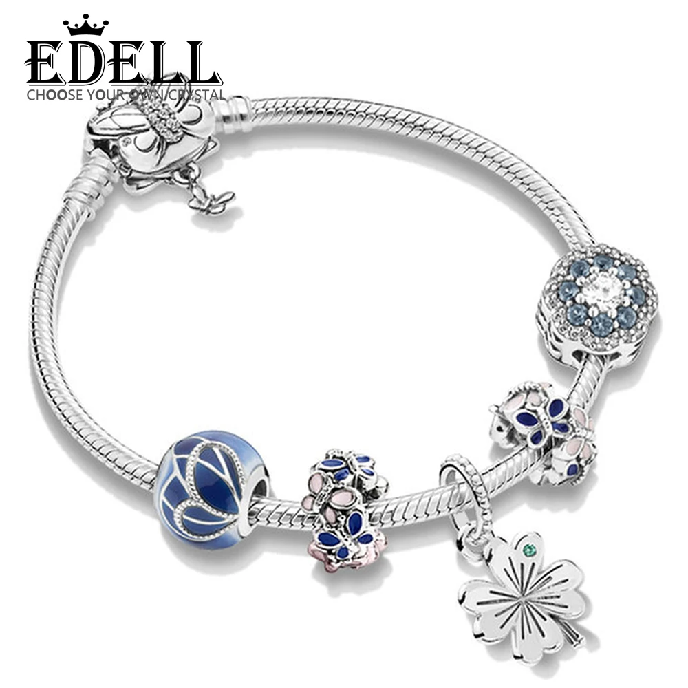 

EDELL 100% 925 Sterling Silver New 2019 Spring ZT0257 Blue Butterfly Wing Four-leaf Clover Bracelet Exquisite Women Gift Set