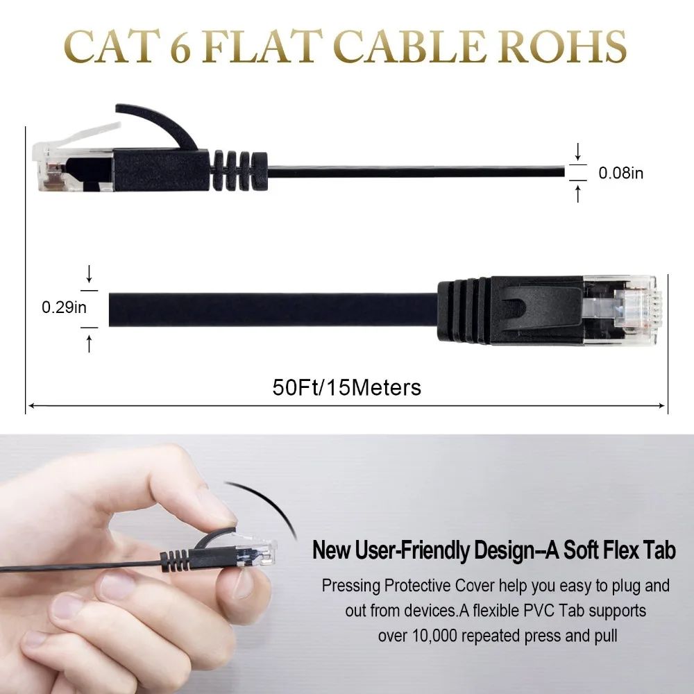 Кабель Ethernet cat6 плоский 2/3/6/10/15/30/45 футов RJ45 |