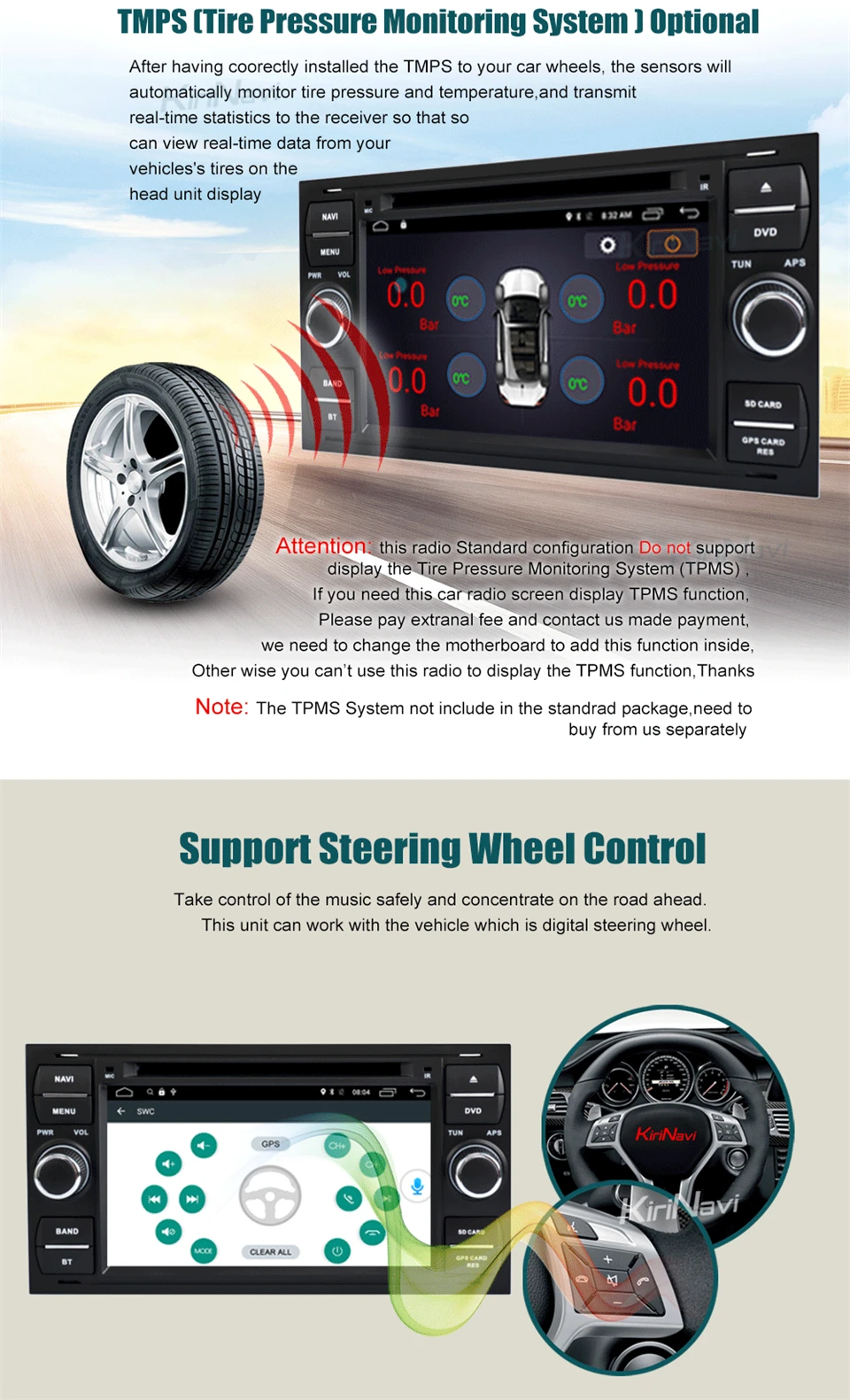 Discount KiriNavi Octa core 4G LET android 7 touch screen car dvd for Ford Focus Fiesta Transit radio support 4K Video 4G 6