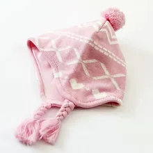 Горячая Распродажа, розовая жаккардовая хлопковая детская шапка с бриллиантами, вязаные крючком Детские шапочки, детская осенне-зимняя шапка ручной работы, ветрозащитный наушник, шапка