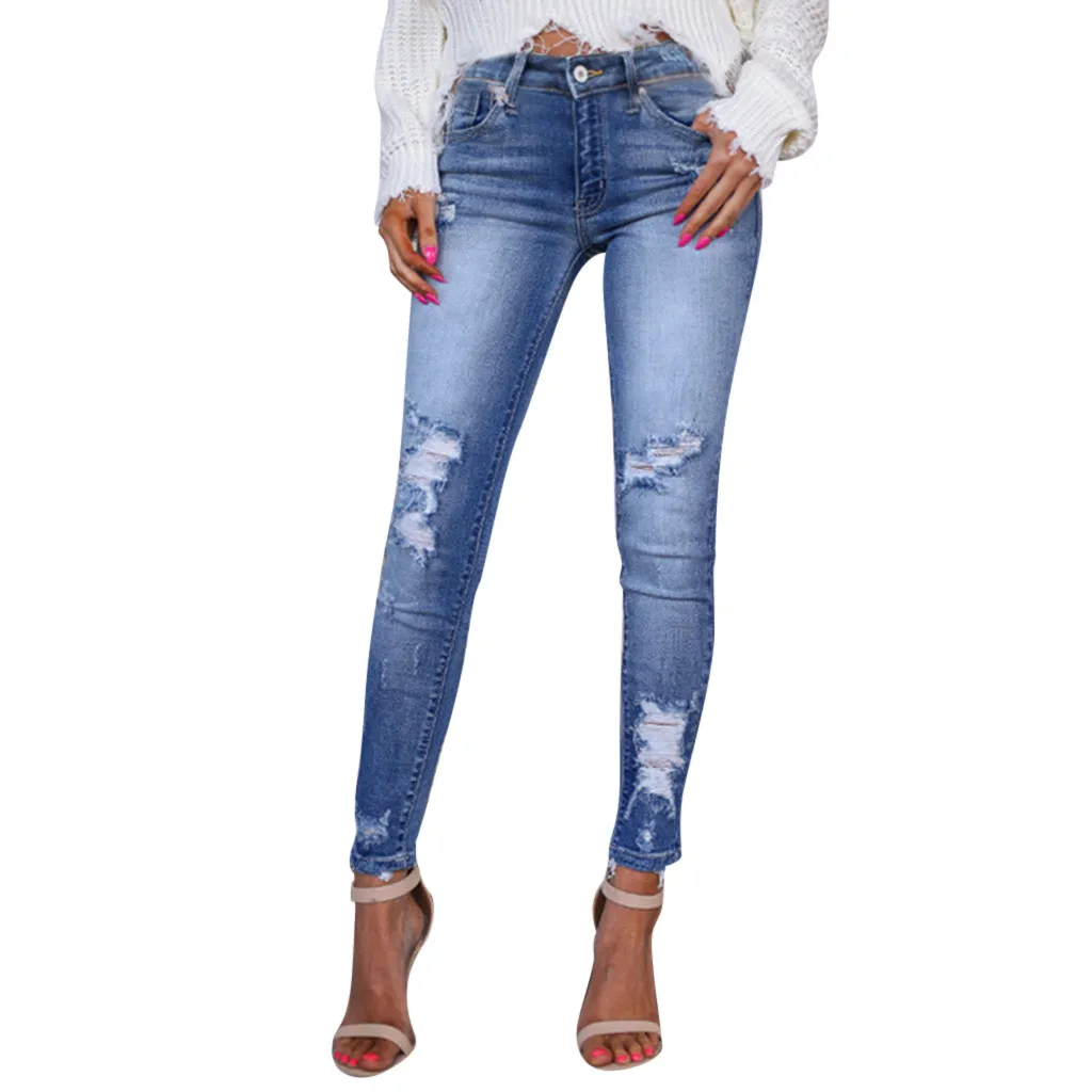

S-3XL High Quality Casual Casual Women Skinny Ripped Jeans Distressed Denim Pants Hole Bottoms Travel Teenage