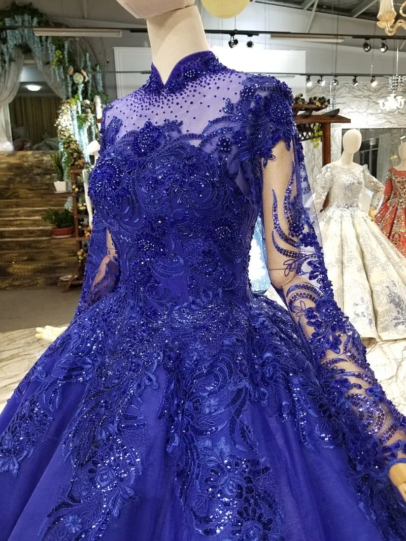 Королевская Синяя Длинные рукава Свадебные платья 2018 для женщин кружева высокой шеи длина до пола кружева жемчужный шар платья вычурные