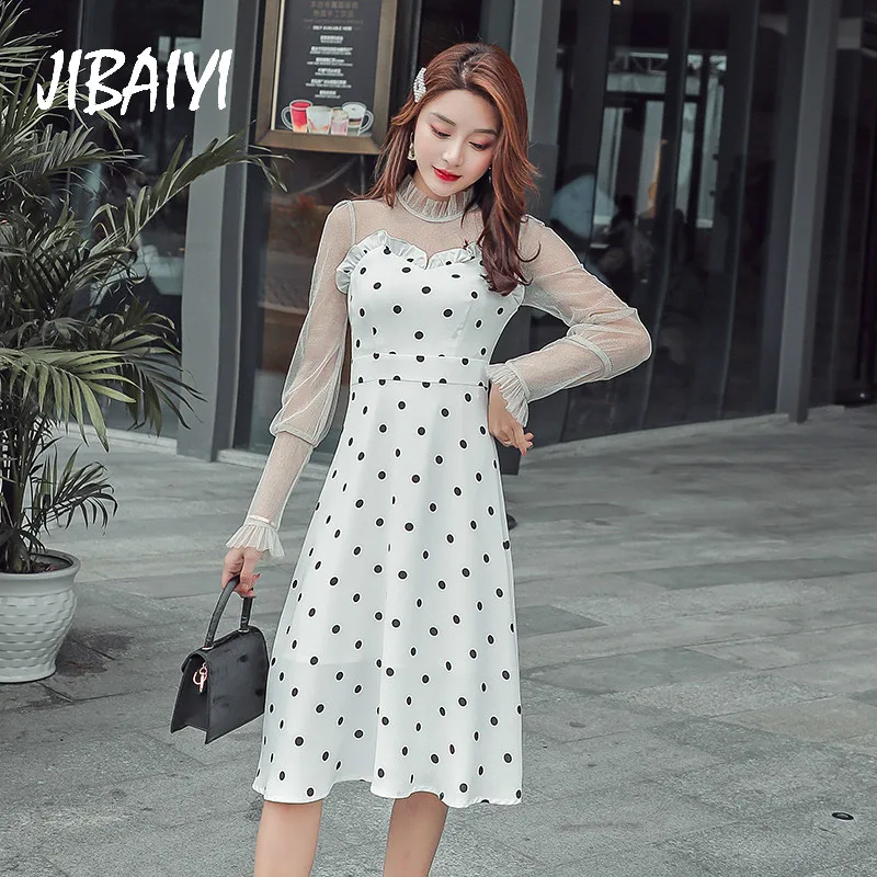 JIBAIYI Summer Transparent Mesh Midi Sexy Dress Women Petal Sleeve Elegant Black Dot Patchwork Sundress Ruffle Collar Vestidos JIBAIYI Summer Transparent Mesh Midi Sexy Dress Women Petal Sleeve Elegant Black Dot Patchwork Sundress Ruffle Collar Vestidos