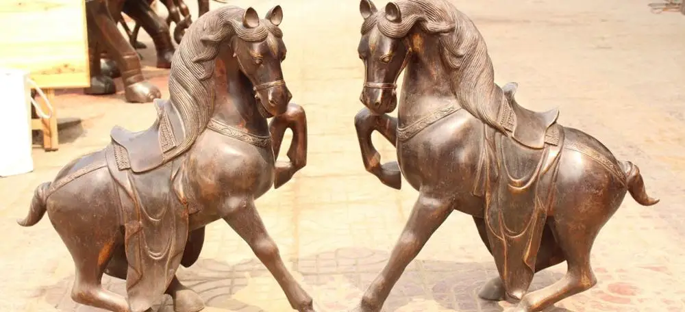 

26"Huge Bronze Carved Animal Successful Running Tang Horse Horses Pair Statue