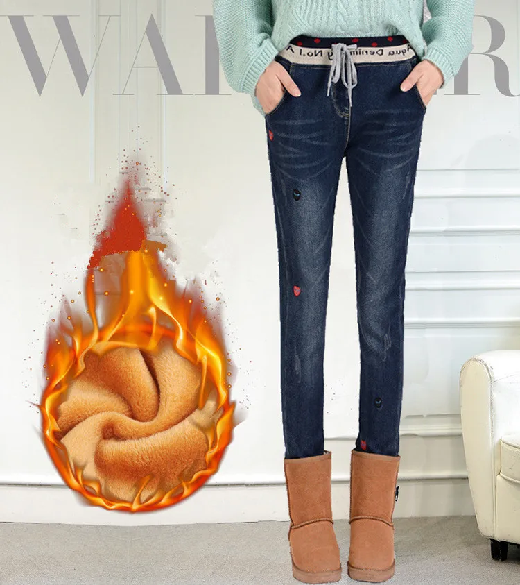 Женские теплые джинсы с флисом, джинсовые брюки, зимние женские эластичные джинсы с вышивкой на талии, женские узкие брюки