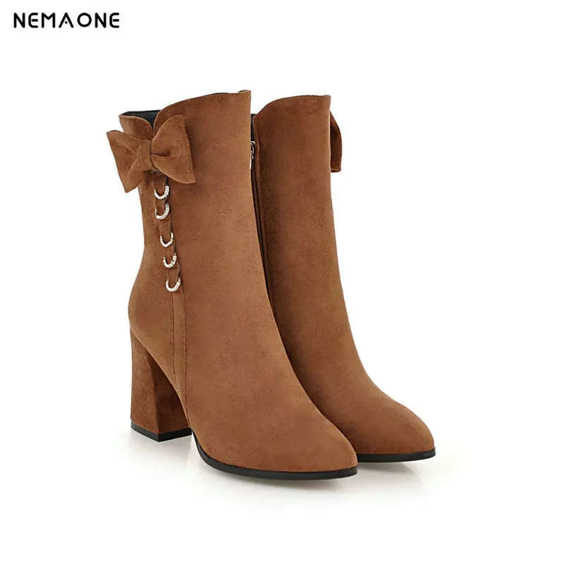 

NEMAONE Women's bowties Ankle Boots super thick High Heel Ladies Boots Winter Woman Shoes beige brown Black Plus Size 43