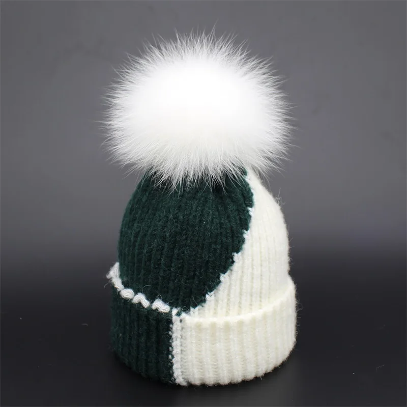 Ditpossible шерстяные вязаные шапочки натуральным лисьим белые меховые шапки для девочек зимняя шапка для Gorro Skullies Шапки Бонне шапочка - Цвет: green