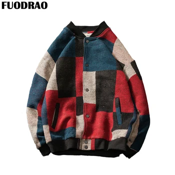 

FUODRAO Japan Style Woolen Plaid Bomber Jacket Men Fashions Hip Hop Streetwear Harajuku Jacket Coats Men Jaqueta Masculina J124
