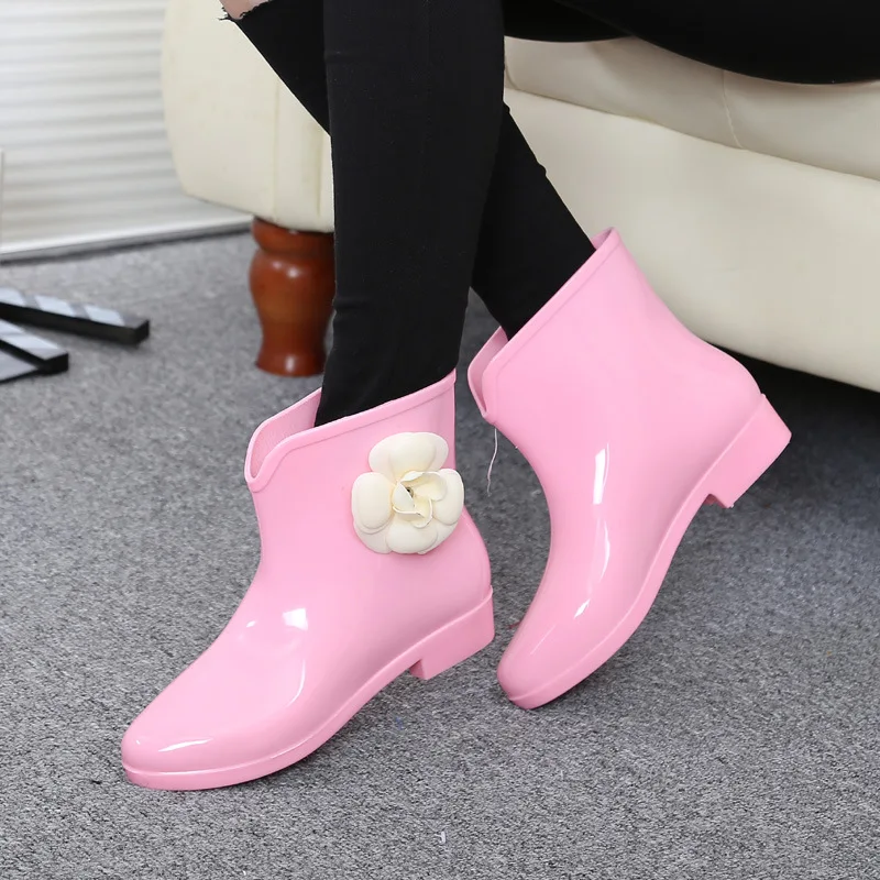 Women Flower Bowtie Spring Ankle Boot Winter Rain Boots Female Waterproof Solid Rubber Platform Baby Rain Shoes Ladies Footwear