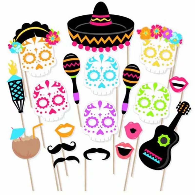 

21Pcs Mexican Style Mask Photo Props Easter Decoration Colored Skull Head Happy Easter Party Decorations Baby Shower for Party.Q
