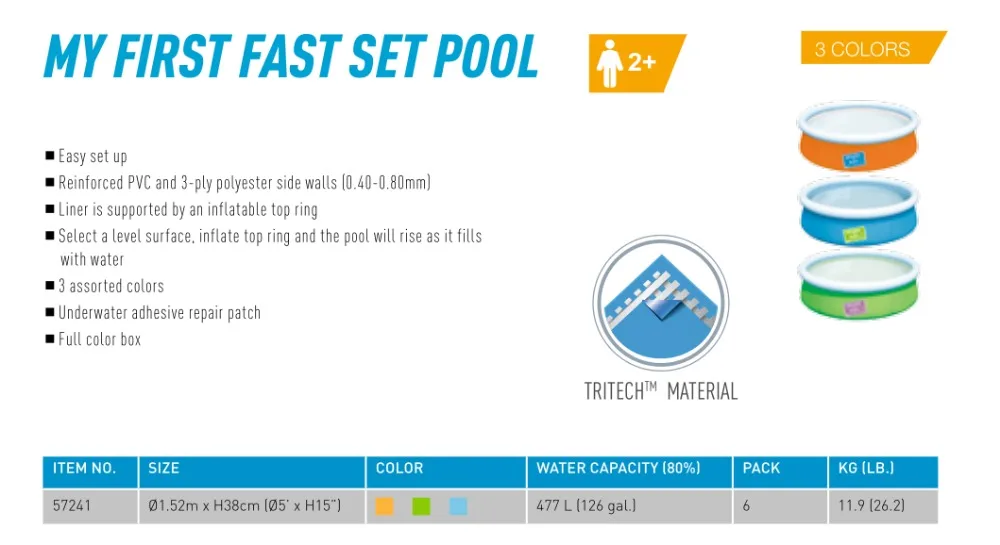 

57241 Bestway 5'x15"/1.52mx38cm Easy set-up My First Fast Set Pool/Reinforced PVC & 3-ply polyester inflatable Top-ring Pool-w