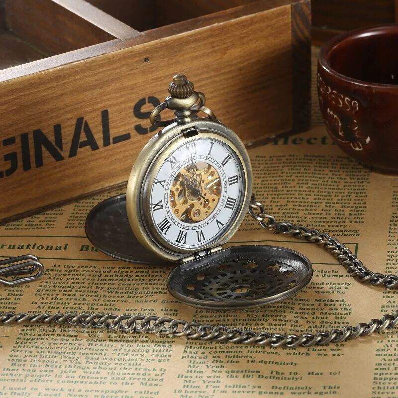 Античный карманные Часы полые Механический ручной взвод карманные часы 2 стороны открыты ретро скелет мужские Часы FOB цепи Цепочки и