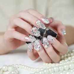 24 шт./компл. Серебристые блестящие накладные ногти 3D Rhinestone полное покрытие Art накладные ногти с клеем Искусственный Полный Типсы Перл