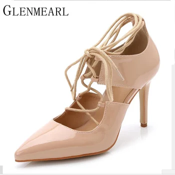 

2017 Spring Fashion Brand Patent Leather Women Pumps Pointed Lace High Heels Shoes Black Red High-heeled Shoes Plus Size 43 XP30