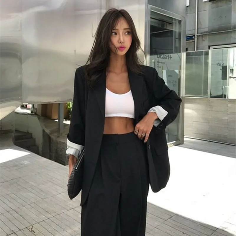 En Ligne HziriP 2019 élégant noir simple boutonnage femmes Blazer mode Vintage solide vêtements de travail amples hauts vêtements d extérieur femme veste